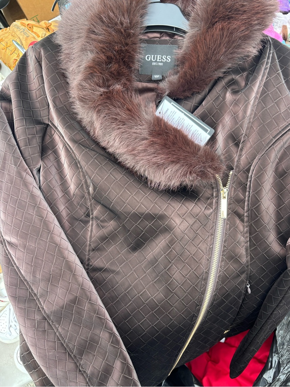 GUESS Chocolate Brown Quilted Jacket with Faux Fur Collar
